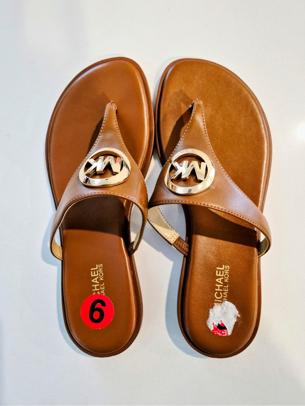 Michael Kors Tan Leather MK Logo Thong Sandals size 6